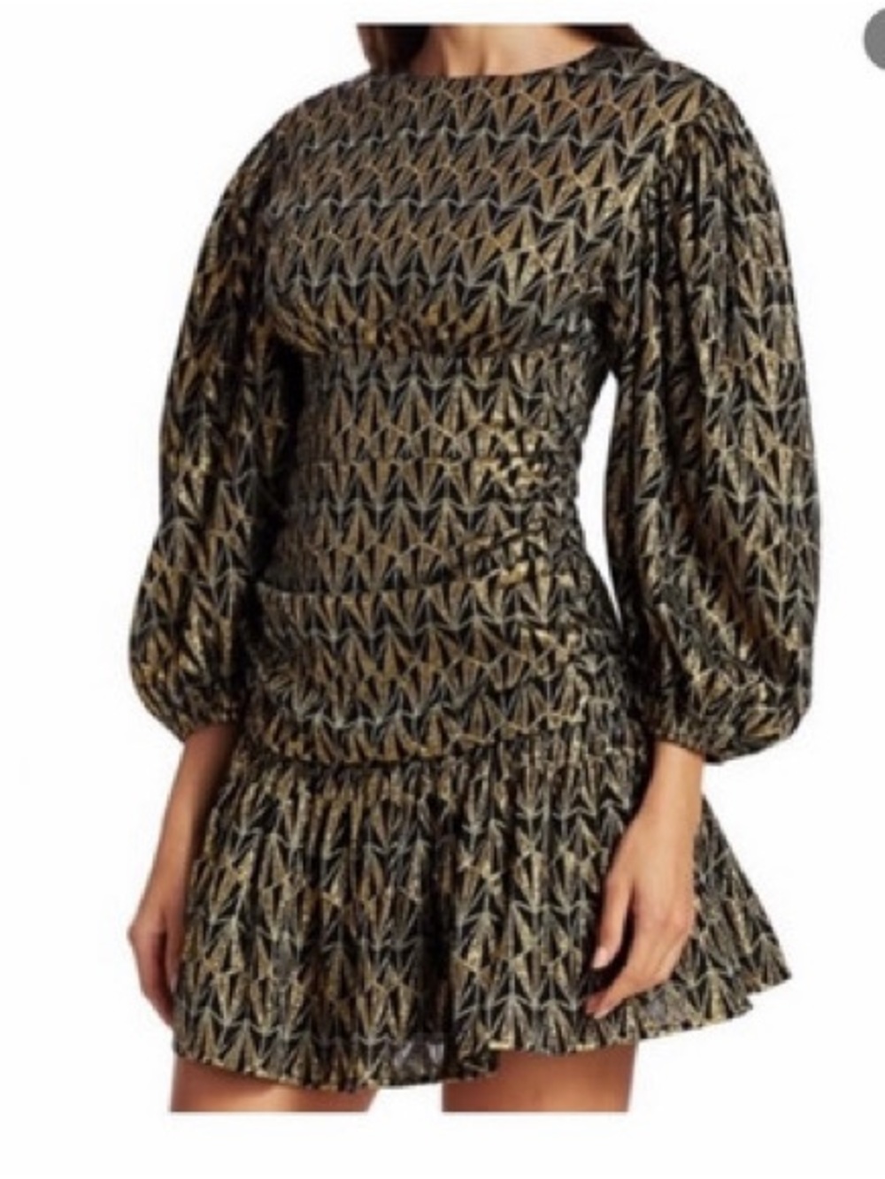 RHODE Metallic Gold and Black Puff-Sleeve Mini Dress